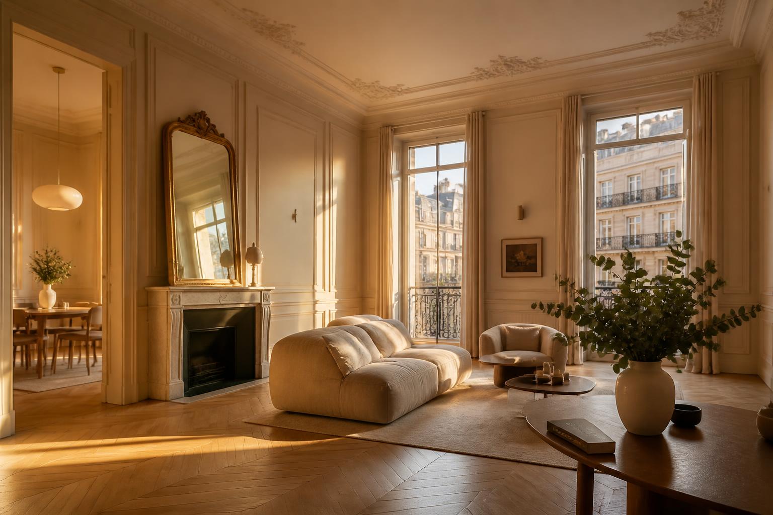 Intérieur haussmannien lyonnais rénové au coucher du soleil
